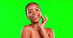 Beauty, smile and black woman portrait on a green screen for skincare, cosmetics and dermatology. Happy aesthetic female model with hand on face in studio for facial, self care and skin glow mockup