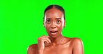 Face, surprise an black woman with skincare, cosmetics and laughing against a studio background. Portrait, African American female or lady with makeup, shocked and body care with confidence and funny