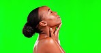 Black woman, beauty and face with satisfaction and cosmetic care with profile on green screen. Skincare, glow and dermatology, female breathing and natural cosmetics on studio background with mockup