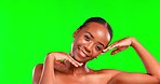 Face, cosmetics and black woman with beauty, shine and dermatology against a studio background. Portrait, African American female and lady with beauty, skincare and grooming with soft and smooth skin