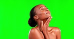Black woman, beauty with face and content with cosmetic care with eyes closed on green screen. Skincare, glow and dermatology, female touch skin and natural cosmetics on studio background with mockup