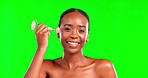 Face, beauty and black woman with roller, green screen and skincare with joy, treatment and grooming. Portrait, African American female or happy lady with rose quartz, morning routine and smooth skin