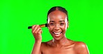 Face, beauty and black woman with brush, skincare and treatment against a studio background. Portrait, African American female and lady with makeup tool, green screen and happiness for smooth skin