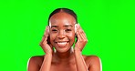 Black woman, beauty and face, facial and cotton pad, cosmetic care and smile in portrait on green screen. Skincare, glow and dermatology, female and natural cosmetics on studio background with mockup