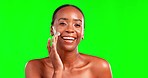 Black woman, beauty and face with laugh and lotion happiness in portrait and cosmetic care with green screen. Skincare, glow and dermatology, female and moisturizer on studio background with mockup