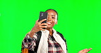 Video call, phone and travel with black woman in green screen studio for tourism, communication and explorer. Tourism, contact and connection with tourist for backpacking, social media and broadcast