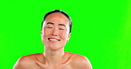 Beauty, face and portrait of asian woman on green screen background for skincare, dermatology and cosmetics. Aesthetic female with spa facial or self care glow on skin and smile for mockup in studio