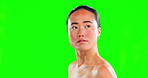 Beauty, skincare and confidence with asian woman in studio for cosmetics, satisfaction and natural. Self care, glow and spa with model on green screen background for positive, facial and elegant