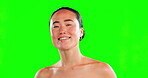 Skincare, beauty face and Asian woman on green screen in studio isolated on a background. Makeup portrait, natural cosmetics or happy female model with healthy or flawless skin after facial treatment