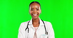 Doctor, black woman and smile for healthcare on green screen background for mockup. African female medical worker portrait in studio while laughing and happy about health and wellness with insurance 