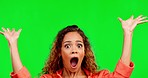 Shock, surprise and face of a woman in a studio with good, wow or wtf shocking news on a sale. Shocked, deal and portrait of a female model with an omg facial gesture by a green screen background.