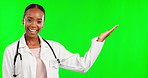 Medical, palm and mockup with black woman in studio for healthcare, product placement and presentation. Advice, happy and medicine with doctor on green screen background for gesture, pride and expert