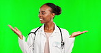 Medical, choice and mockup with black woman in studio for healthcare, product placement and presentation. Advice, sign and medicine with doctor on green screen background for gesture, pride or expert
