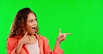 Flirty, green screen and a woman with finger guns isolated on a studio background. Wow, sassy and a happy girl with an attitude, a hand gesture and flirtatious with mockup space on a backdrop