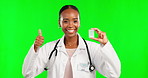Doctor woman, medicine and thumbs up on green screen background with emoji and smile. Black female healthcare worker portrait in studio to show or advertising medical product for health and wellness
