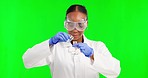 Gloves, science and black woman on a green screen for physics isolated on a studio background. Happy, ready and an African scientist starting a chemistry exam, research and innovation with mockup