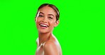 Woman, beauty and skincare by studio green screen with face, natural cosmetic glow or smile for wellness. Gen z model, girl and happy with chromakey portrait, health or makeup for facial aesthetic