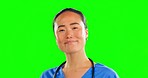 Face, Asian woman and doctor with green screen, healthcare and success with career and job. Portrait, Japanese female employee or medical professional with happiness, confidence or wellness treatment