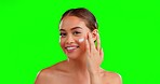 Skincare, face cream and happy woman in studio for hygiene, cosmetics and lotion on green screen background. Portrait, facial and girl with sunscreen, treatment or dermatology satisfaction isolated