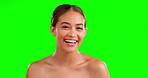 Woman, skincare cream and studio green screen with face, natural cosmetic glow or smile for wellness. Gen z model, girl and happy in chromakey portrait, health or makeup product for facial aesthetic