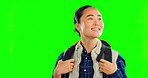 Green screen, backpack and woman hiking isolated on studio background for travel adventure or eco friendly journey. Safari Asian person walking, trekking and sightseeing with mockup space for nature