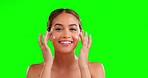 Face, skincare and woman with cream, cosmetics and dermatology against a studio background. Portrait, female and lady with lotion, creme and morning routine for grooming, treatment and green screen
