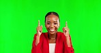 Face, pointing and black woman with green screen, excited and space against studio background. Portrait, African American female or lady with finger gesture, product placement or branding development