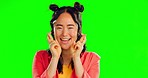 Happy woman, fingers crossed and face in studio, background and green screen for good luck. Portrait of excited asian female hope for wish, winning vote and lucky lottery prize with emoji hands sign
