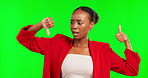 Hand gesture, opposite and opinion with a black woman on a green screen background in studio for review. Survey, icon and conflict with an attractive young female saying yes or no on chromakey
