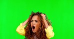 Green screen, frustrated and woman in studio with unexpected bad news, angry and omg on mockup background. Wtf, open mouth and emoji by annoyed girl express omg, anxiety and crisis while isolated