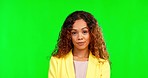 Green screen, annoyed and face of woman in studio with whatever, moody or bad attitude on mockup background. Upset, portrait and irritated girl with expression, feelings and emoji emotion isolated