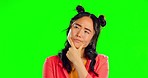 Asian woman, thinking face and ideas in studio, green screen and background of mindset, planning or remember. Female model, decision and wondering of daydream, question why and brainstorming solution