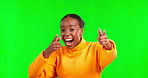 Excited, singing and portrait dancing black woman excited and happy for a deal isolated in a studio green screen background. Winning, celebration and winner excited for a sale and celebrating