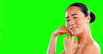 Beauty, face skincare and Asian woman on green screen in studio isolated on a background mockup. Natural, makeup cosmetics and portrait of happy female model with healthy skin after facial treatment.