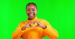 Heart, hands and face of black woman in studio, green screen and color backdrop. Happy female model, portrait and finger shape of love, thank you and smile in support of peace, emoji sign or kindness