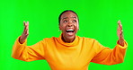 Wow, winner and an excited black woman on a green screen background laughing in surprise or shock. Smile, announcement and promotion with an attractive young female hearing mind blowing news