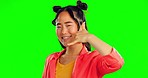 Phone call, gesture and face of Asian woman on a green screen isolated on a studio background. Cool, trendy and a portrait of a happy, edgy and young girl gesturing for calling on a mockup backdrop