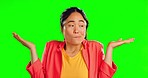 Confused, puzzled and face of woman on green screen thinking, pensive and clueless against space background. Portrait, doubt and unsure girl with decision, choice or contemplate, wonder and isolated