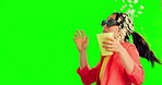 Woman, 3d and glasses by green screen with popcorn at movies, fear or scared by studio background. Young asian, girl and cinema mock up with movie, horror or surprise with lens for holographic vision