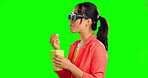 Movies, green screen and woman in glasses, 3d cinema experience and eating popcorn isolated on studio background. Person with vr sunglasses film, show or video streaming in virtual reality metaverse