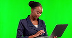 Woman on laptop in green screen background for business research, digital marketing and online management. Black person on computer tech with studio mockup for corporate or professional career typing