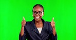 Face, glasses and black woman with thumbs up, green screen and clear vision against studio background. Portrait, African American female and lady with eyewear, wellness, gesture for success and smile