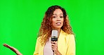 Green screen, microphone and woman face isolated on studio background, broadcast presentation or news. Reporter person or presenter speaking, announcement or video live streaming on chromakey mockup