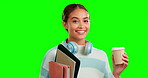 Books, coffee and headphones with a student on a green screen background in studio for education. Portrait, woman and scholarship with an attractive young pupil feeling happy on chromakey mockup