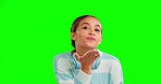 Love, blowing kiss and face of woman on green screen for confidence, happy attitude and flirting. Love, emoji and portrait of girl in studio for romance, affection and cute with kissing hand gesture