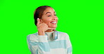 Cool, green screen and woman doing call me gesture, sign snd signal isolated in a studio greenscreen background. Excited, happy and portrait of female student with phone symbol as communication