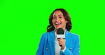 Microphone, green screen and face of woman in studio with broadcast, message or news on mockup background. speaker, mic and portrait of female presenter reporting to audience on show or channel 