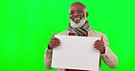 Mockup, green screen and senior black man with poster in studio for announcement, news and promotion. Copy space, advertising and portrait of happy male smile with billboard, cardboard and empty sign