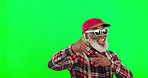 Cool, stylish and black man with a gesture on a green screen isolated on a studio background. Trendy, energy and face portrait of a senior person with fashionable style and retro clothing on backdrop