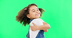 Green screen, care and child hug self with love, sweet and embrace or loving gesture isolated in studio background. Happy, smile and portrait of kid or toddler feeling confident in mockup
